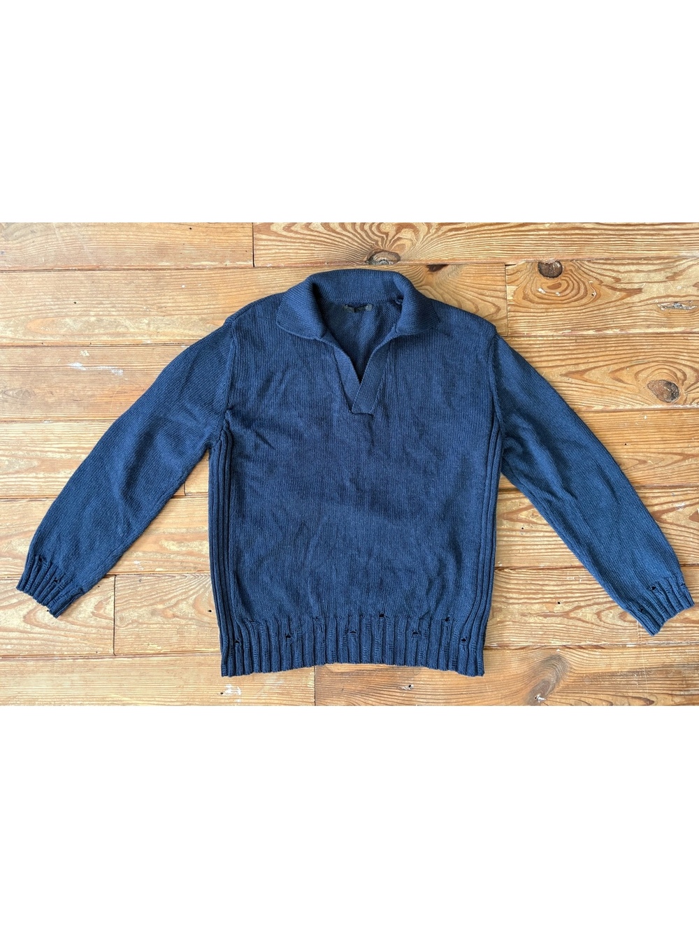 Zara Men’s Navy Blue Distressed Knit Polo Sweater Size Small